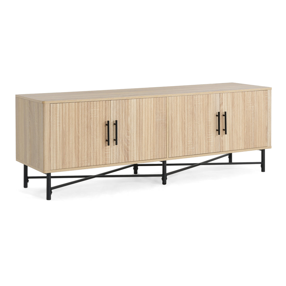 4-Door TV Cabinet with Adjustable Shelves Natural Finish