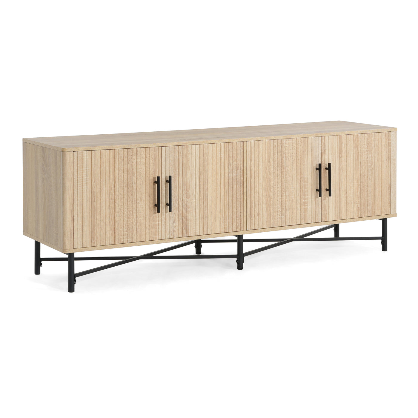 4-Door TV Cabinet with Adjustable Shelves Natural Finish