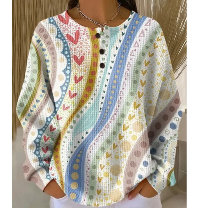 Women's 3D Printed Slim Fit Waffle Knit Stand Collar Long Sleeve Polo Shirt
