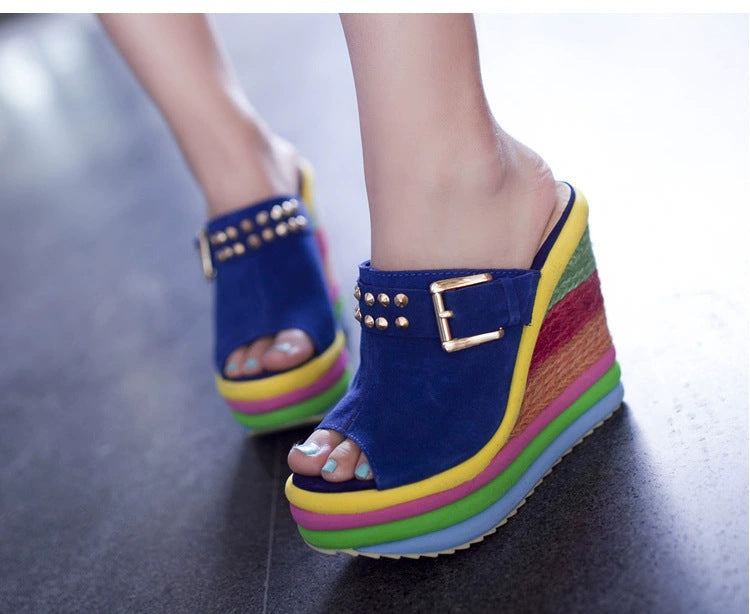 High-heeled platform shoes, genuine leather peep-toe sandals