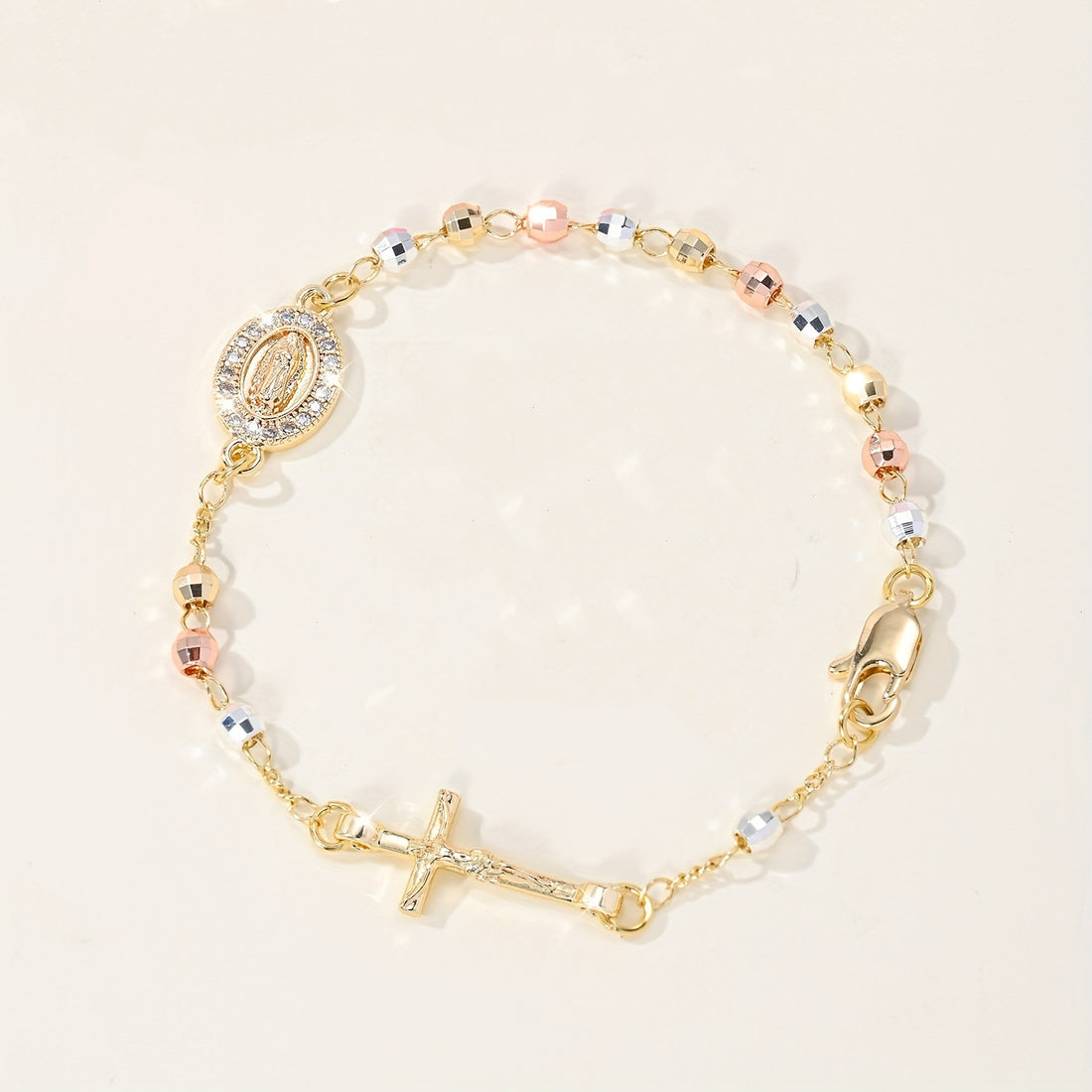 Cross-shaped diamond-studded bead necklace bracelet