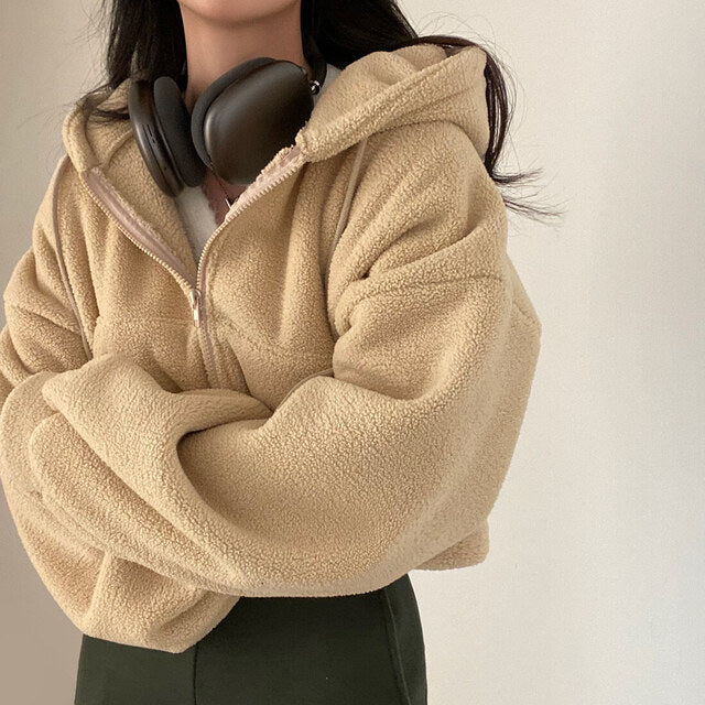 Women's Faux Lamb Fur Hooded Zip-Up Jacket