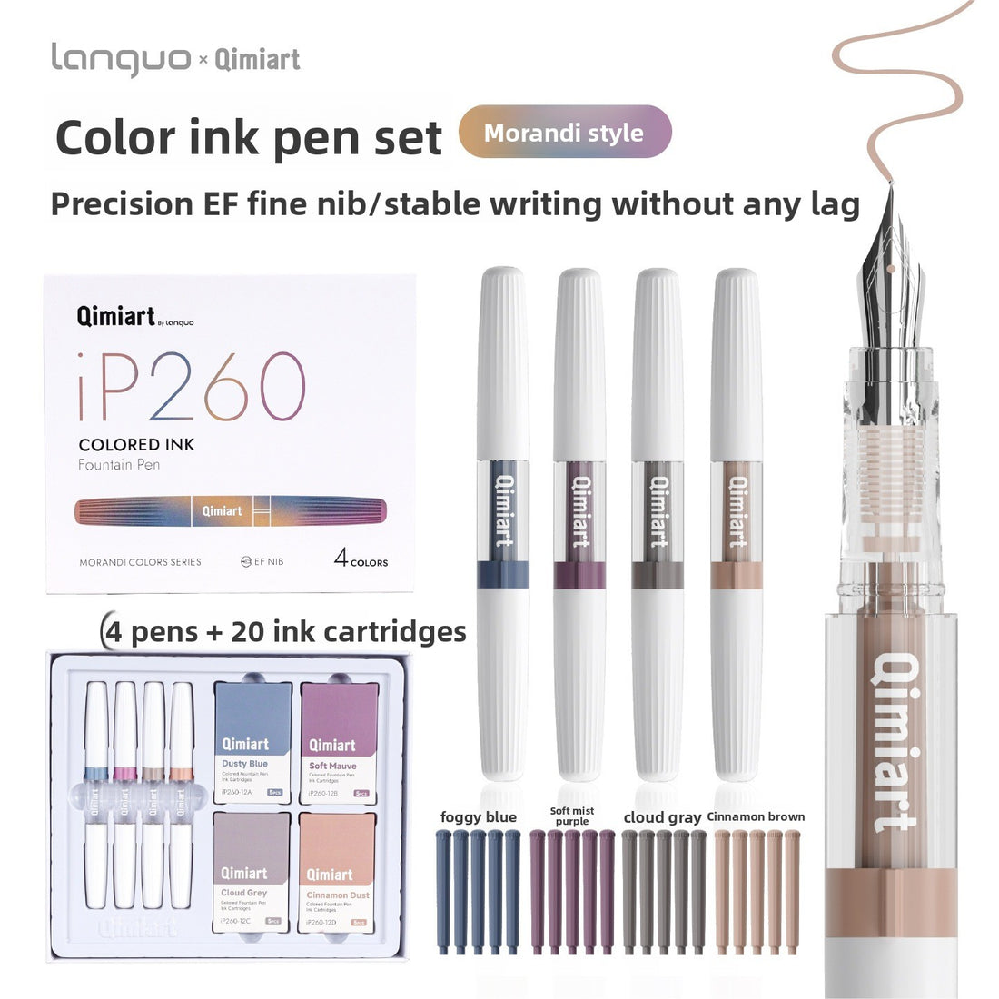4-Color Fountain Pen Gift Set with EF Fine Nib and 20 Ink Cartridges