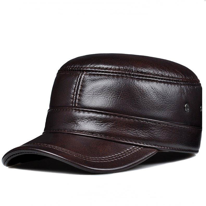 Men's Genuine Cowhide Leather Winter Warm Flat Top Ear Protection Hat