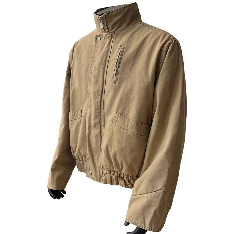 Men's Stand Collar Bomber Jacket Retro Loose Solid Outerwear