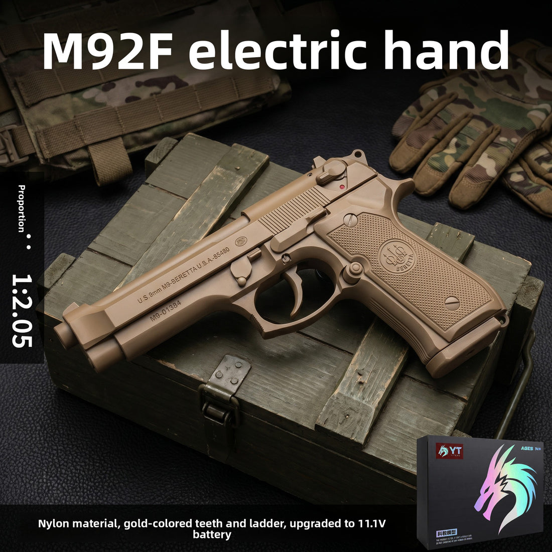 M92F Electric Nylon Toy Gun with Metal Golden Gear 11.1V Rechargeable Outdoor Play Collectible Model