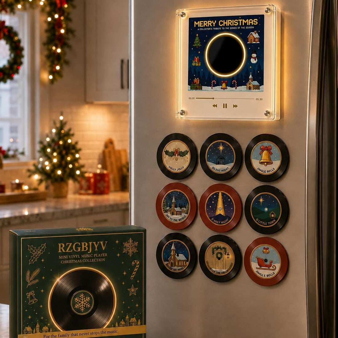 Christmas Musical Fridge Magnet Light-Up Rotating NFC Record Player Set