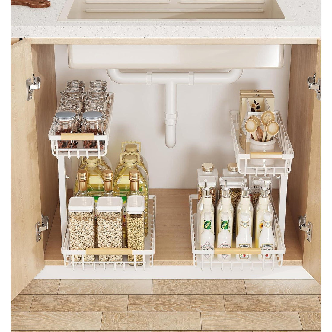 Under sink rack holding cleaning bottles and sponges