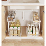 Under sink rack holding cleaning bottles and sponges