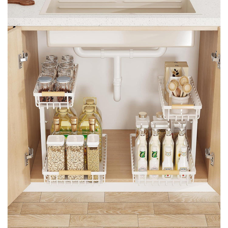 Under sink rack holding cleaning bottles and sponges