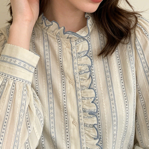 Women's 100% Cotton Ruffled Stand Collar Striped Long Sleeve Blouse