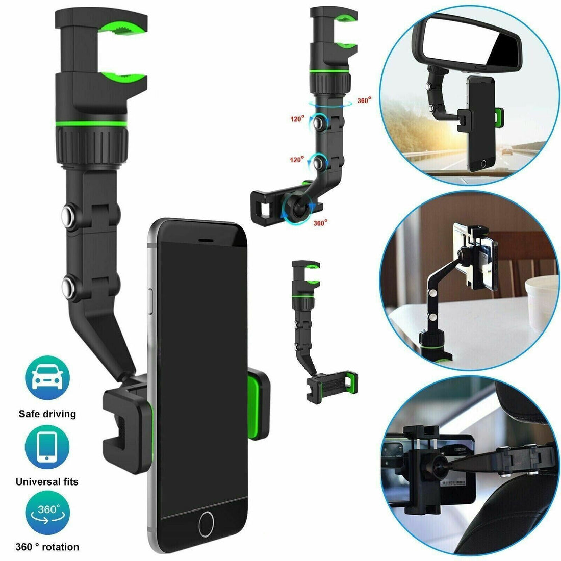 Rearview mirror phone holder clamp detail, universal fit