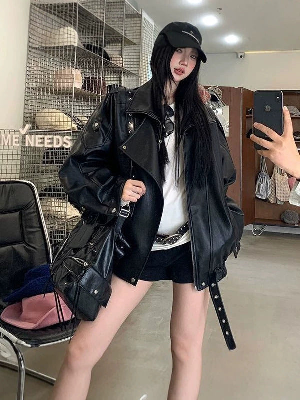 Lady's retro motorcycle PU leather jacket
