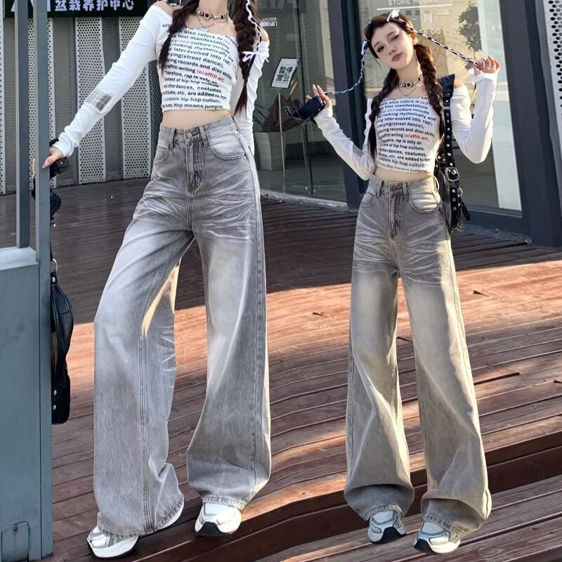 American Retro Loose Fit Wide Leg Denim Pants for Women