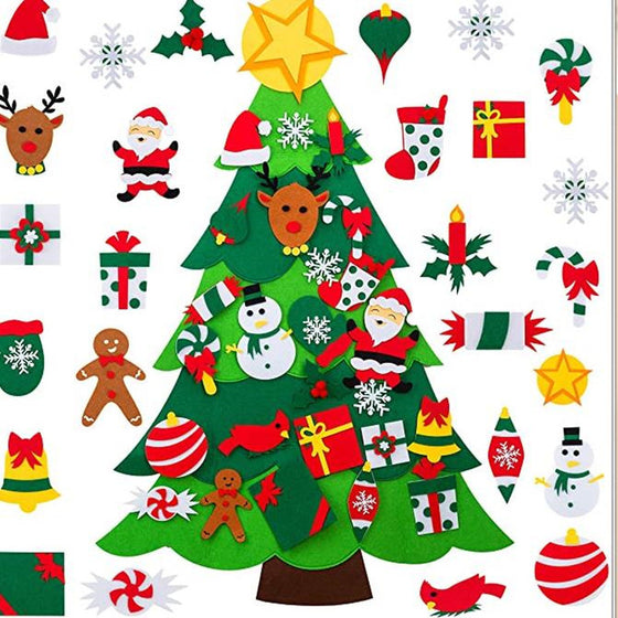 DIY felt Christmas tree with felt ornaments and loose pieces laid out