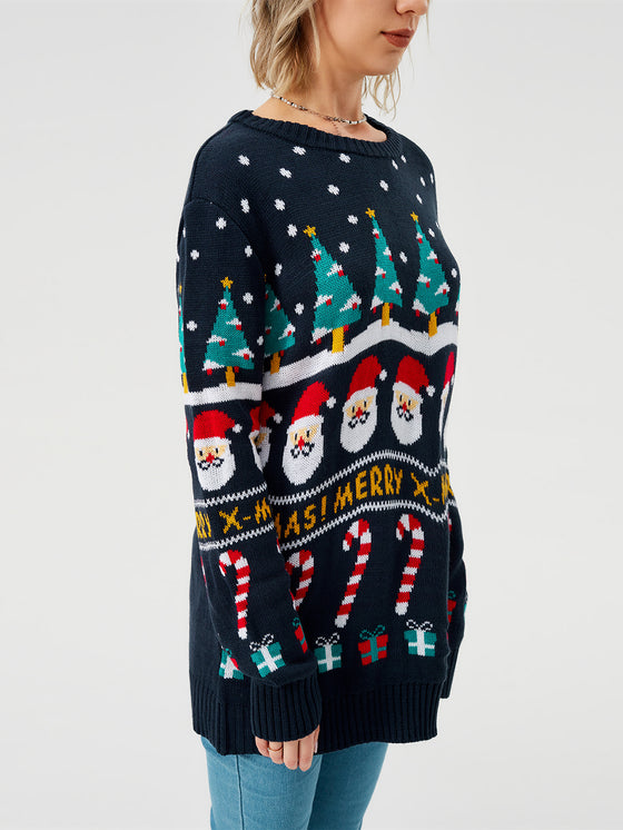 Side view of a navy Christmas sweater with Santa and tree pattern