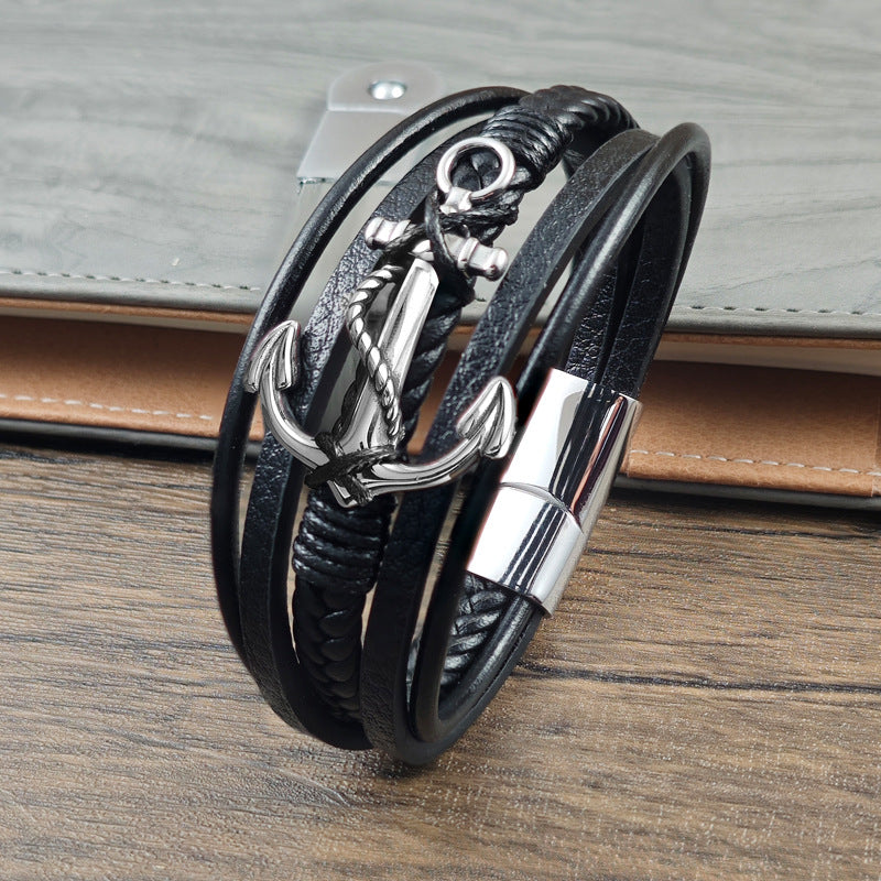 Men's Vintage Braided Leather Anchor Magnetic Bracelet