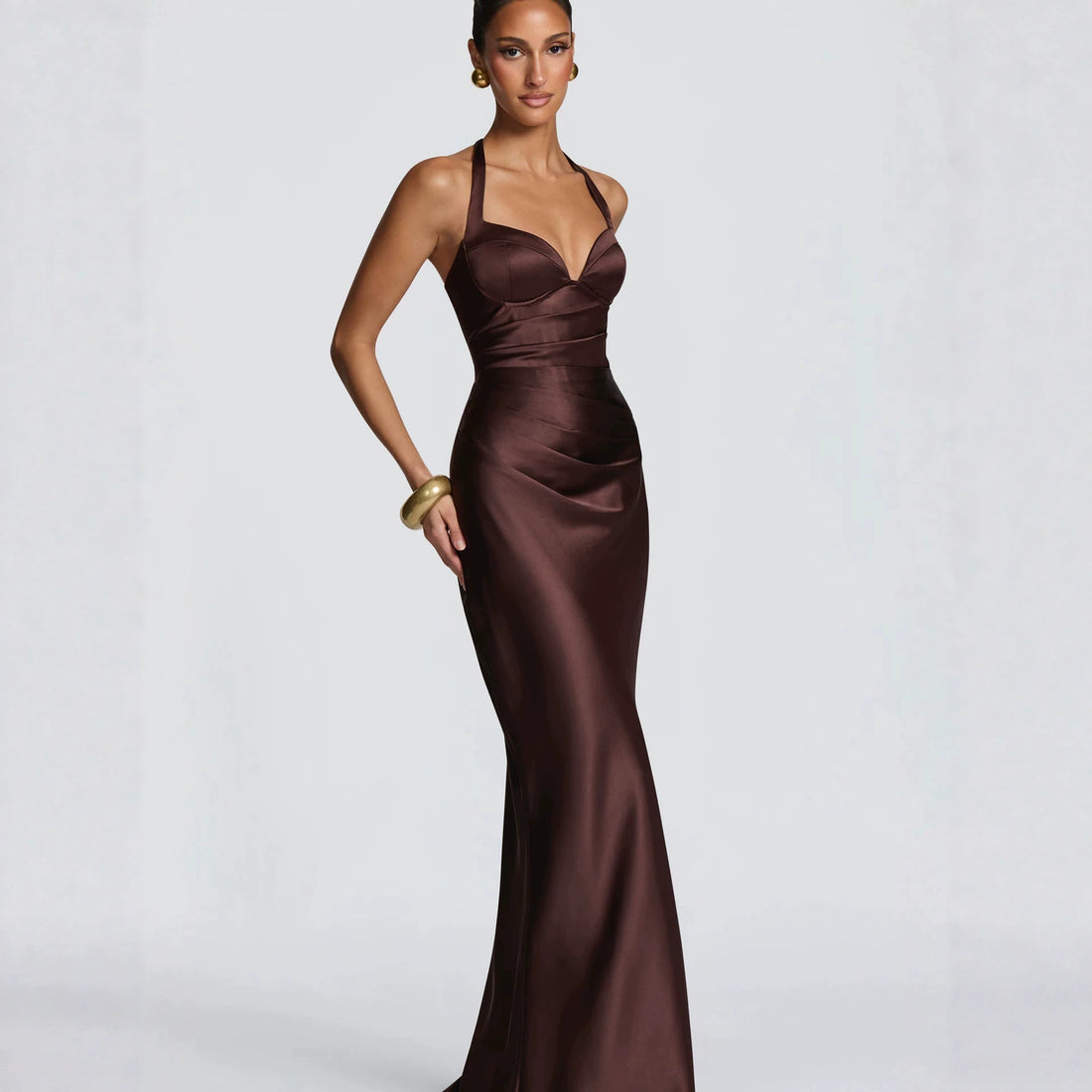 Women's halter satin fishtail long dress with deep V-neck and tie back, photo 2