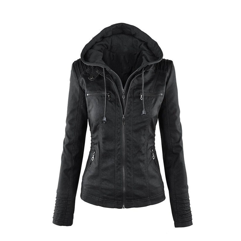 Women's hooded washed faux leather biker jacket, photo 7