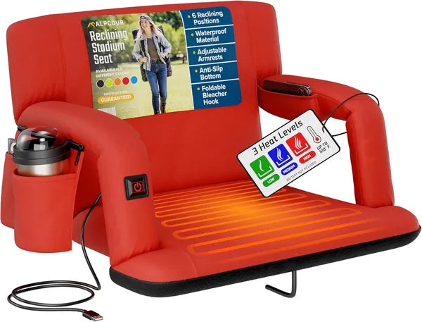 Heated stadium seat set up on bleacher benches