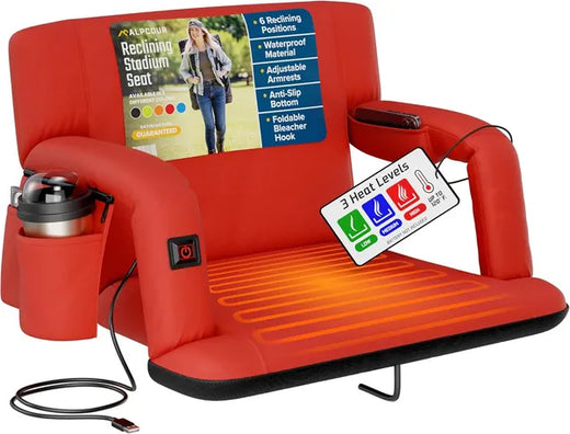 Heated stadium seat set up on bleacher benches