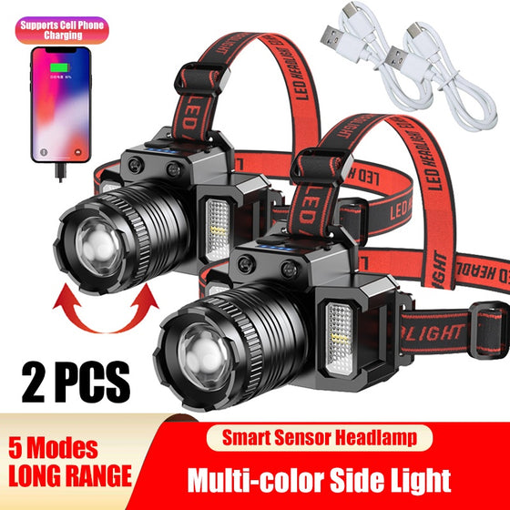 Two zoom LED headlamps with USB cables, 2 pack