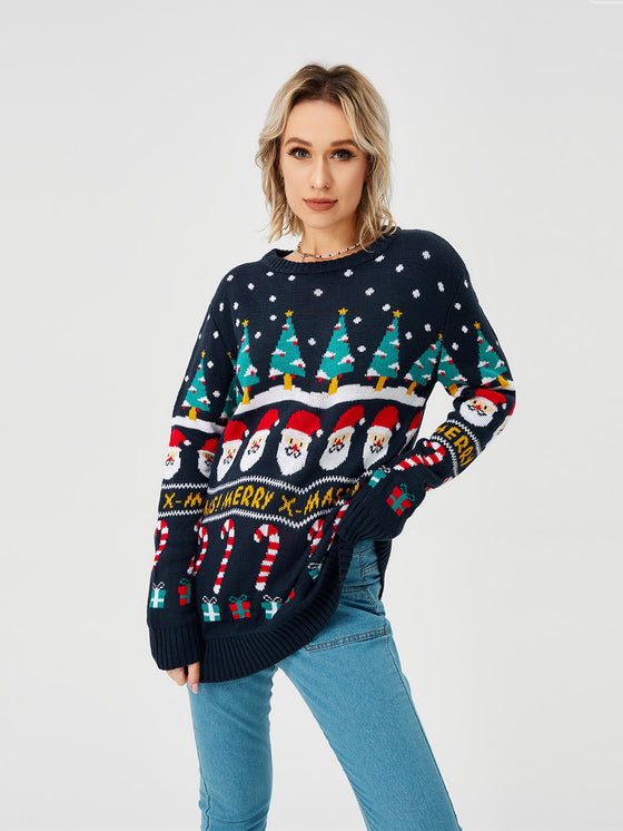 Woman wearing the navy Christmas knit sweater, front view standing