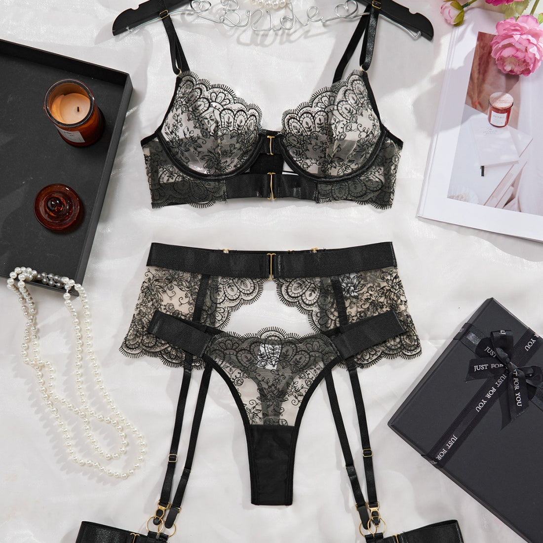 Embroidered Lace Garter Lingerie Set