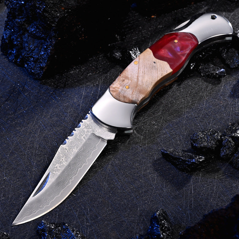 Damascus Steel Wood Resin Handle Folding Knife
