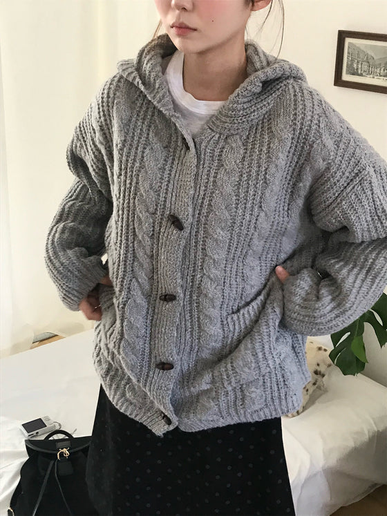 Women's Gray Hooded Button Knit Sweater Jacket