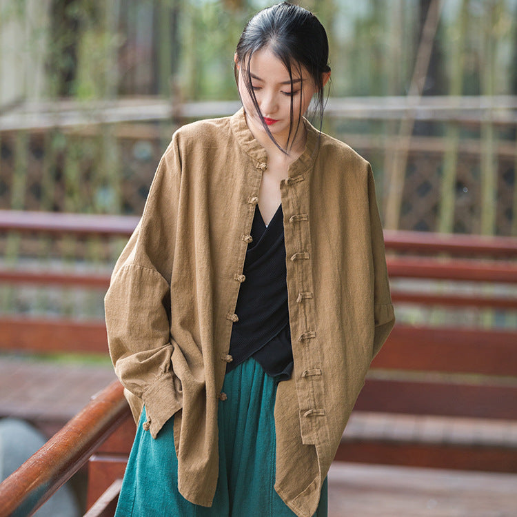 Women's Ramie Cotton Blend Sand-Washed Distressed Stand Collar Cardigan Jacket