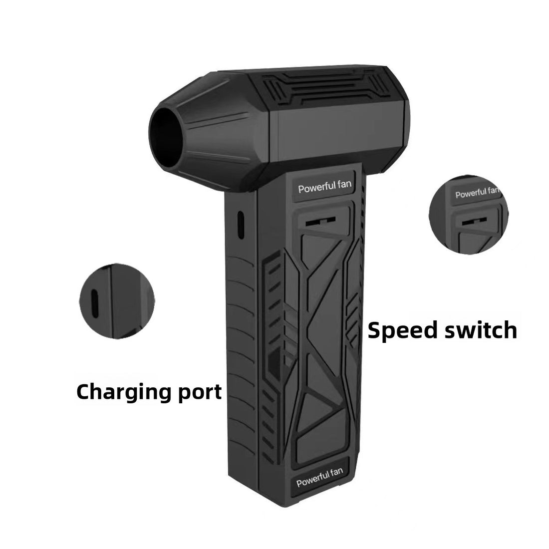Black handheld turbo fan labeled with air outlet, speed switch and charging port
