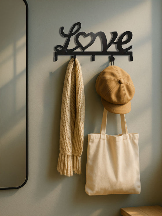 Love key holder holding a scarf, hat and tote