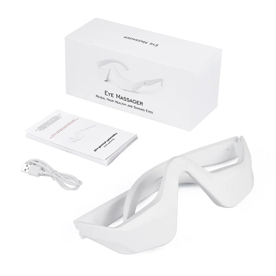 White eye massager glasses with box, USB cable and instruction card
