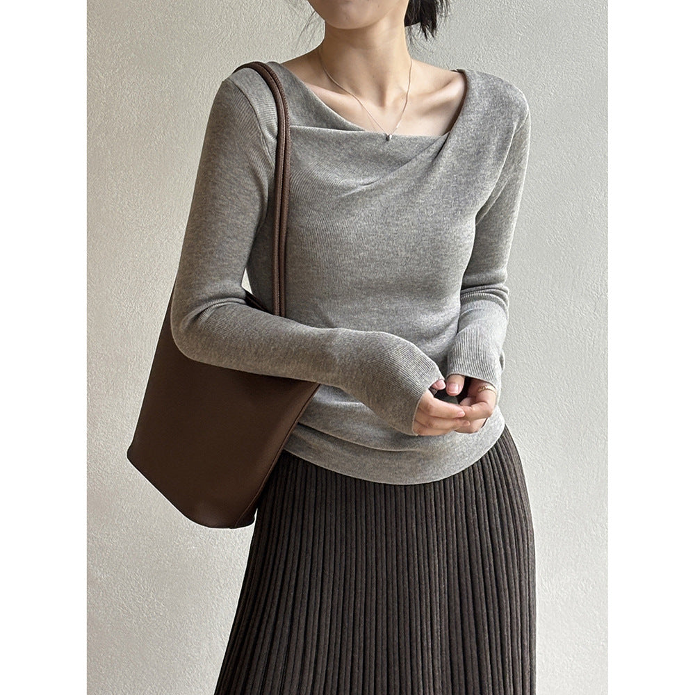 Women's Autumn Slanted Collar Slim Fit Long Sleeve Knit Top
