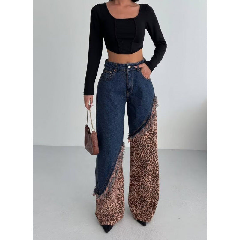 Womens High Waist Leopard Print Wide Leg Jeans Vintage Slimming Denim Trousers