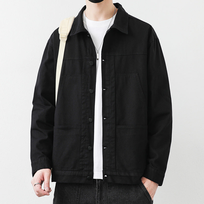 Men's Pure Cotton Lapel Jacket Solid Color Long Sleeve Casual Loose Coat