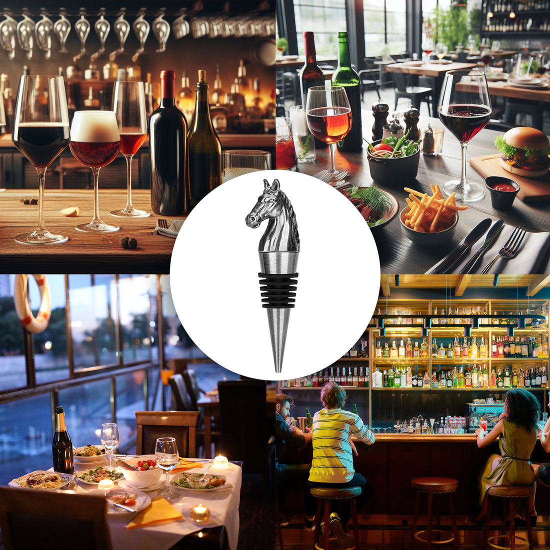 Silver horse head wine stopper with bar and restaurant scenes