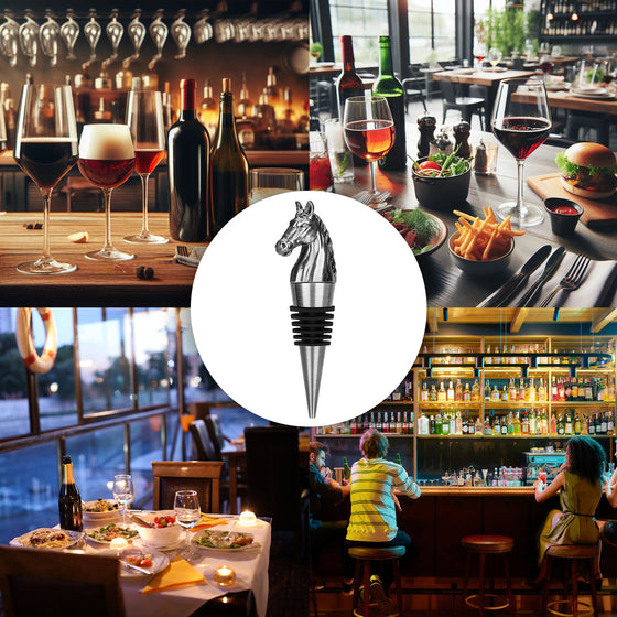 Silver horse head wine stopper with bar and restaurant scenes