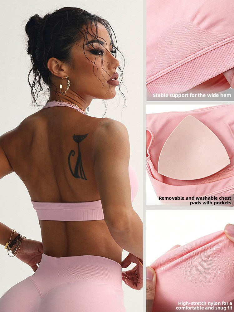 Women Halter Neck High Impact Sports Bra Breathable Shockproof Yoga Fitness Top