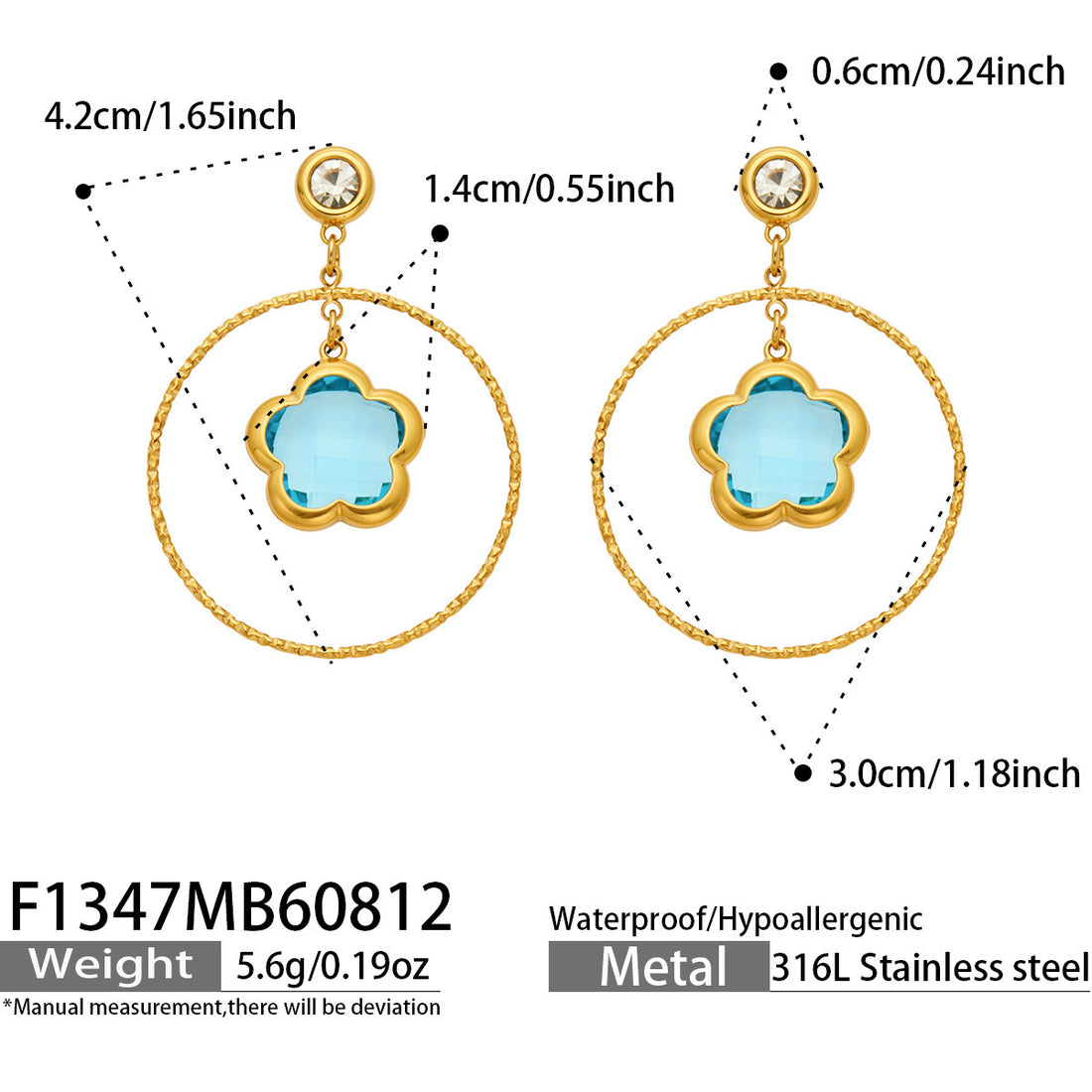 Large circle flower-shaped glass stone long earrings