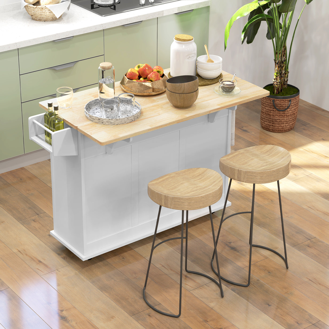 White rolling kitchen island with drop leaf
