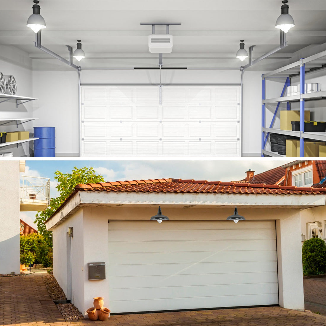 Garage interior and exterior lit by motion sensor bulbs