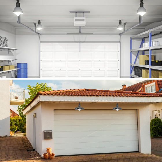 Garage interior and exterior lit by motion sensor bulbs