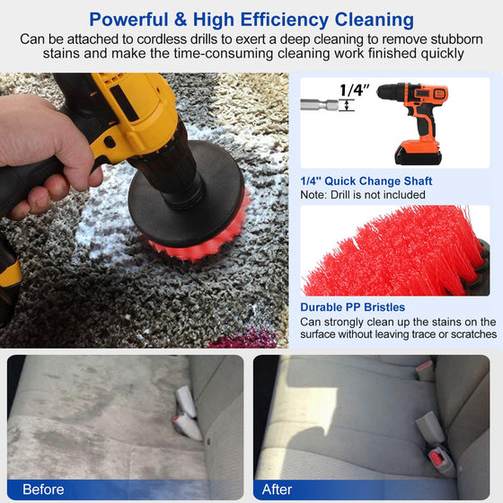 Red drill brush cleaning car carpet, before and after