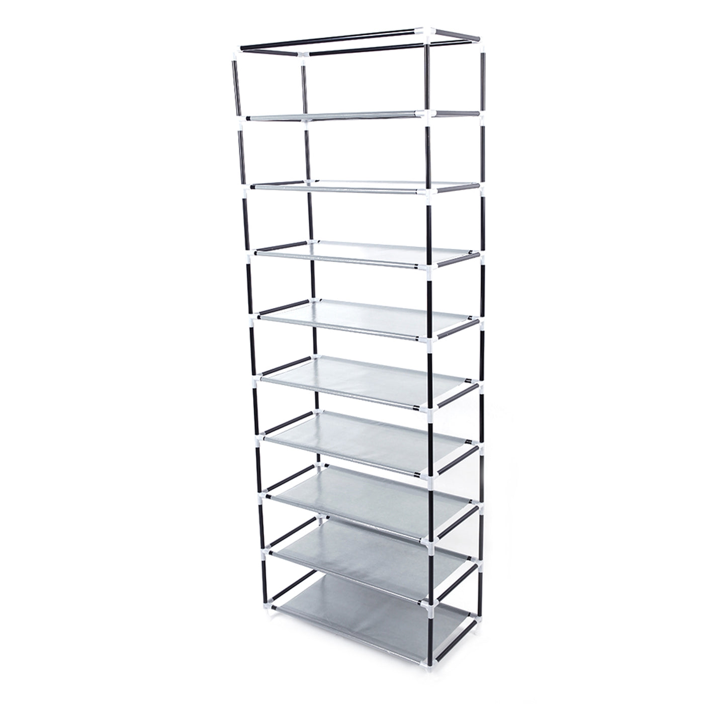 Shoe rack tiers loaded with pairs of shoes