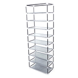 Shoe rack tiers loaded with pairs of shoes