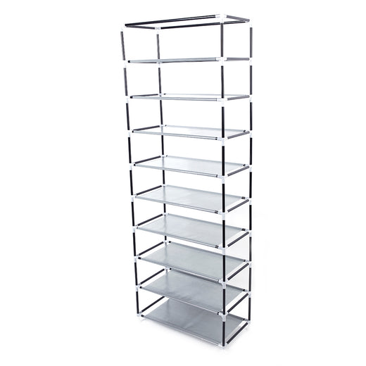 Shoe rack tiers loaded with pairs of shoes