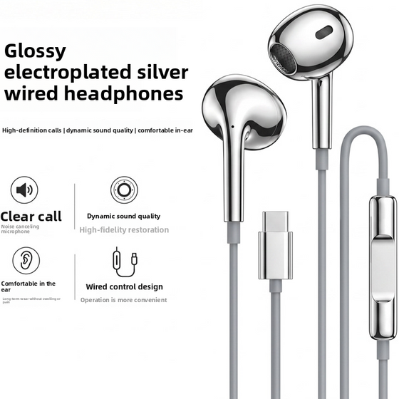 Glossy silver wired earphones, photo 6