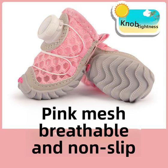 Pink mesh dog shoe with a knob tightening dial